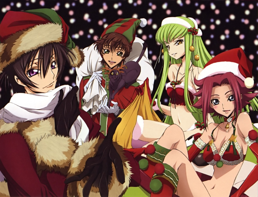 2boys 2girls arthur_(code_geass) bikini black_hair blue_eyes blush breasts brown_hair c.c. christmas cleavage code_geass elbow_gloves feline fur gloves green_eyes green_hair halterneck hat kouzuki_kallen kururugi_suzaku large_breasts lelouch_vi_britannia long_hair medium_breasts multiple_boys multiple_girls okayama_shinako outstretched_hand pink_eyes reaching red_hair sack santa_bikini santa_costume santa_hat scarf sitting smile spiked_hair swimsuit very_long_hair yellow_eyes