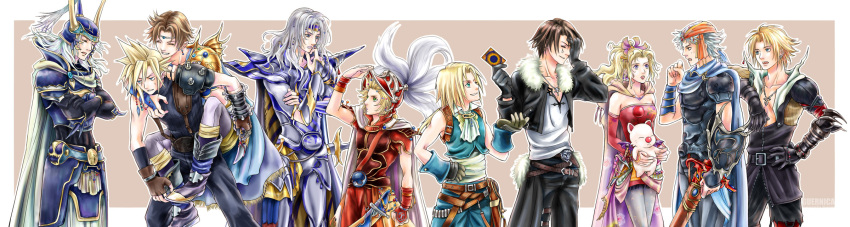 6+boys armlet armor bandana bartz_klauser belt cape card cecil_harvey circlet cloud_strife commentary_request detached_sleeves dissidia_final_fantasy everyone female final_fantasy final_fantasy_5 final_fantasy_i final_fantasy_ii final_fantasy_iii final_fantasy_iv final_fantasy_ix final_fantasy_vi final_fantasy_vii final_fantasy_viii final_fantasy_x fingerless_gloves firion gloves guernica hair_ribbon helmet highres holding holding_card in-franchise_crossover jacket jewelry mog moogle multiple_boys necklace onion_knight paladin_(final_fantasy) pantyhose photoshop_(medium) ribbon shield shoulder_pads squall_leonhart sword terra_branford thighhighs tidus warrior_of_light_(ff1) weapon zidane_tribal