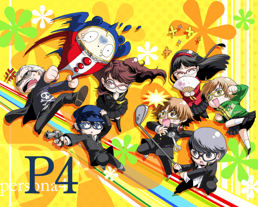 3boys 4girls :> amagi_yukiko blue-framed_eyewear chibi closed_eyes commentary_request glasses golf_club gun hanamura_yousuke hand_fan hand_on_headwear hand_to_own_mouth handgun kujikawa_rise kuma_(persona_4) multiple_boys multiple_girls narukami_yuu pantyhose persona persona_4 photoshop_(medium) pink-framed_eyewear red-framed_eyewear revolver satonaka_chie satsuki_yuu_(awairo) school_uniform shirogane_naoto sunglasses tatsumi_kanji thighhighs weapon yasogami_school_uniform