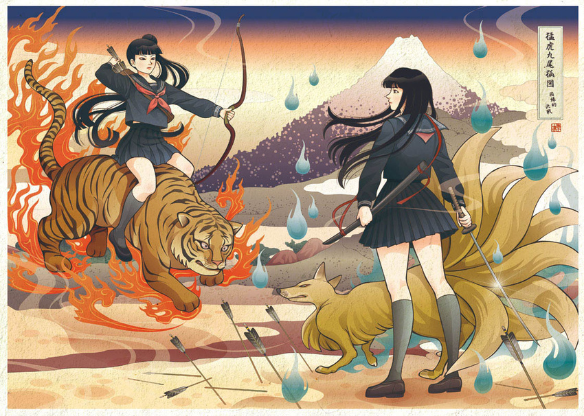 2girls arrow_(projectile) black_hair bow_(weapon) commentary_request fine_art_parody fox hitodama katana long_hair mount_fuji mountain multiple_girls nadeshiko_rin nihonga original parody photoshop_(medium) planted planted_arrow riding school_uniform serafuku soshu_umezawanosho sword tiger translated ukiyo-e weapon