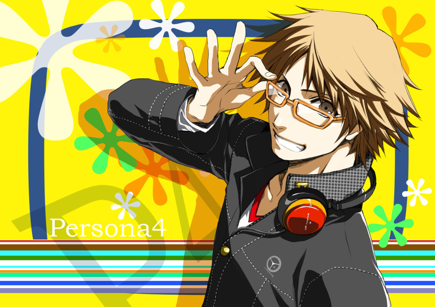 1boy commentary_request glasses hanamura_yousuke headphones headphones_around_neck male_focus persona persona_4 photoshop_(medium) satsuki_yuu_(awairo) school_uniform solo yasogami_school_uniform