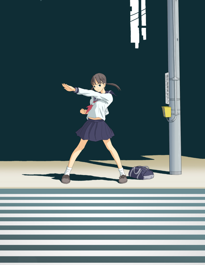 aqua_background bag city commentary_request crosswalk dark female fighting_stance flash_tomo henshin highres original outstretched_arm school_bag school_uniform serafuku shadow simple_background skirt solo standing utility_pole