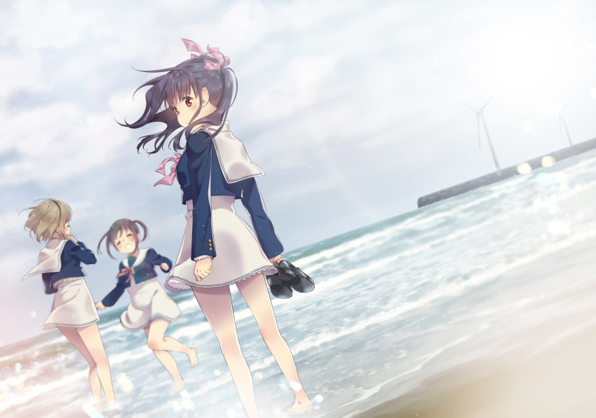 3girls absurdres bare_legs barefoot beach black_footwear blonde_hair blush brown_hair closed_eyes cloud cloudy_sky cover cover_image cover_page dutch_angle from_behind hair_ribbon hairband highres kashiwagi_sumika kujou_ume lens_flare long_sleeves looking_back multiple_girls ocean purple_hair red_eyes ribbon saeki_hina sailor_collar school_uniform serafuku shoes skirt sky tokyo_7th_sisters twintails unworn_shoes wanibuchi_emoko white_sailor_collar white_skirt wind wind_lift wind_turbine