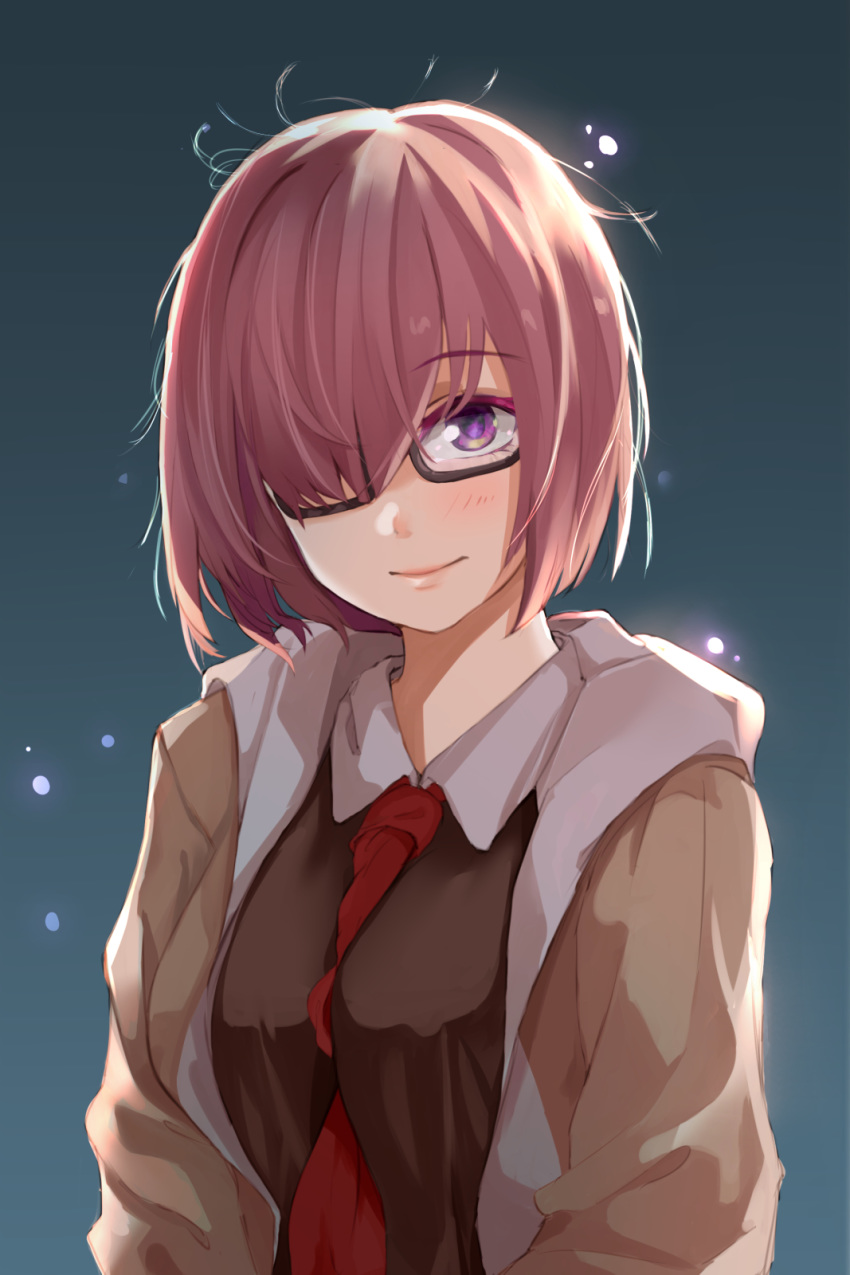 amco bad_id bad_pixiv_id black_shirt blue_background blush breasts brown_jacket commentary fate/grand_order fate_(series) female glasses hair_over_one_eye highres jacket large_breasts looking_at_viewer mash_kyrielight messy_hair necktie pink_hair purple_eyes purple_hair red_necktie shirt short_hair simple_background smile solo