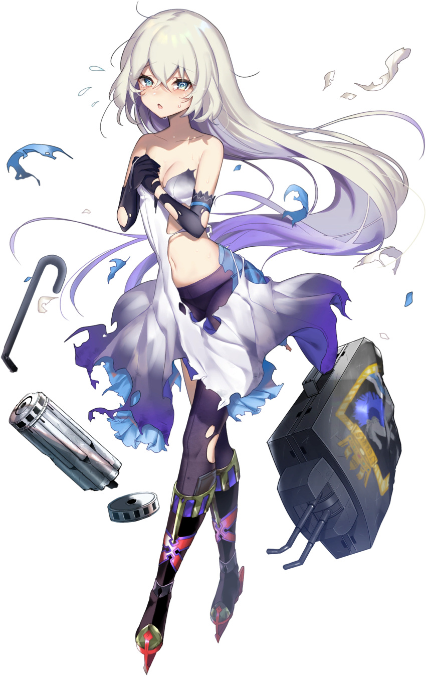 @_@ blue_eyes blue_oath blush boots breasts covering_breasts covering_privates crossed_bangs dress elbow_gloves female flying_sweatdrops full_body gloves gradient_hair grey_hair hair_between_eyes highres itamidome jervis_(blue_oath) knee_boots long_hair multicolored_hair navel official_art open_mouth panties panties_under_pantyhose pantyhose purple_hair purple_pantyhose rigging small_breasts solo tears torn_clothes torn_dress torn_pantyhose transparent_background underwear very_long_hair white_dress