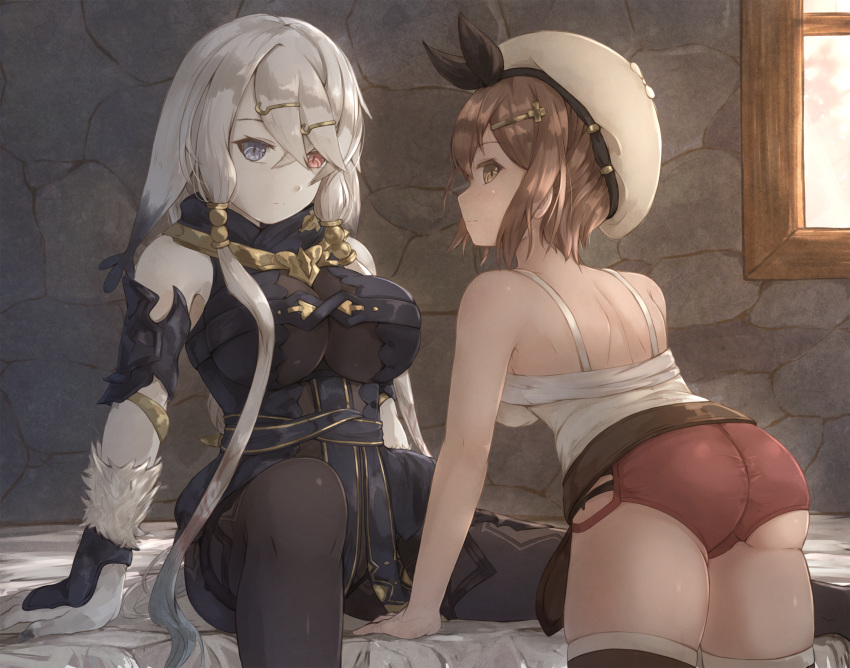 2girls armlet ass atelier_(series) atelier_ryza atelier_ryza_1 bare_arms bare_shoulders bed belt beret black_bodysuit black_nails blue_eyes bodysuit boots breasts brown_eyes brown_hair commentary crossed_bangs english_commentary fur hair_between_eyes hair_ornament hairclip hat heterochromia highres hikari_niji impossible_clothes large_breasts lila_decyrus long_hair looking_at_viewer low_twintails multiple_girls pale_skin red_hair red_shorts reisalin_stout shirt short_hair shorts sidelocks sitting spaghetti_strap spread_legs stone_wall swept_bangs thigh_boots thighhighs thighs twintails wall white_hair white_shirt window