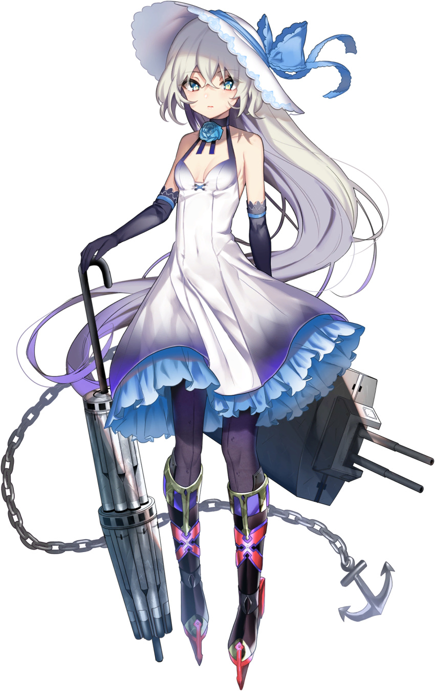 anchor black_gloves blue_flower blue_oath blue_rose boots bow breasts closed_mouth closed_umbrella dress elbow_gloves female flower frilled_dress frills full_body gloves gradient_hair grey_hair hair_between_eyes hat hat_bow highres holding itamidome jervis_(blue_oath) knee_boots long_hair multicolored_hair official_art pantyhose purple_hair purple_pantyhose rigging rose sleeveless sleeveless_dress small_breasts solo sun_hat transparent_background umbrella very_long_hair white_dress white_hat