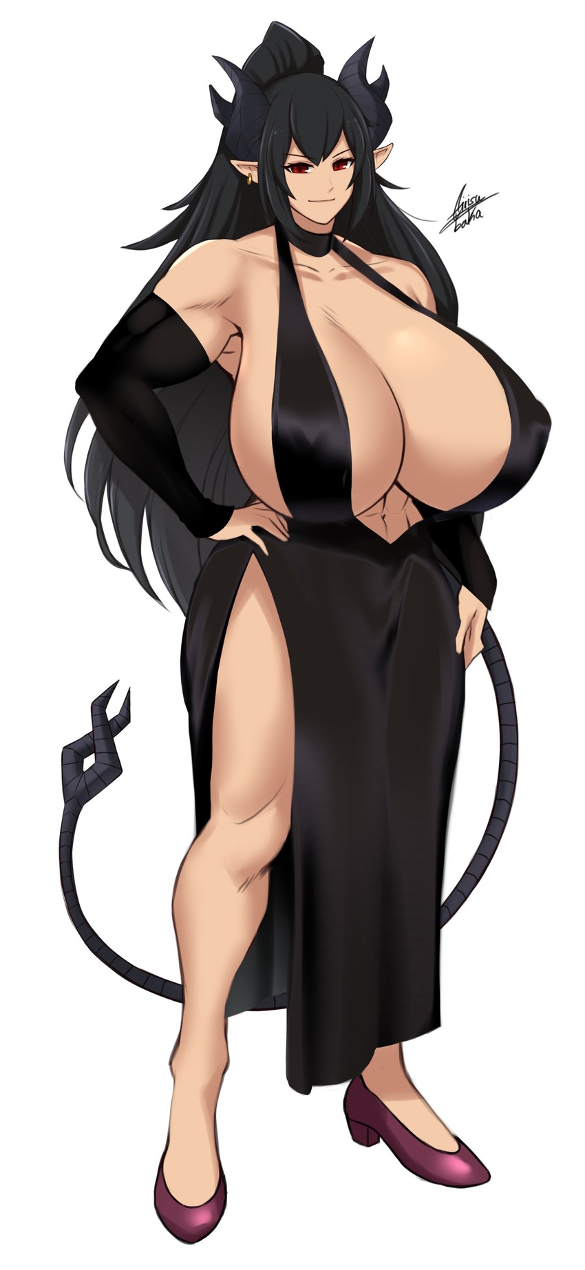 abs absurdres airisubaka artist_name black_dress black_hair black_horns black_skirt black_tail borrowed_character breasts cassandra_asmolith_(cass_sakyubasu) commission demon_girl demon_tail dress earrings female full_body gigantic_breasts gold_earrings hand_on_own_hip highres horns jewelry long_hair muscular muscular_female original pointy_ears ponytail red_eyes shirt signature skirt tail thighs white_background white_shirt