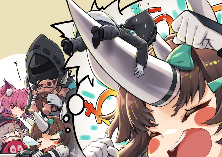 1other 3girls ambiguous_gender animal_ear_fluff animal_ears arknights black_headwear black_jacket blush_stickers brown_hair bubble_(arknights) closed_eyes commentary_request doctor_(arknights) dreaming eyepatch fox_ears fox_girl giant giantess gloves hat holding holding_stuffed_toy hood hood_up hooded_jacket horns jacket long_sleeves mitake_eil morte_(arknights) multiple_girls nose_bubble open_mouth popukar_(arknights) purple_eyes purple_hair rhinoceros_ears rhinoceros_girl shamare_(arknights) short_hair single_horn sleeping smile stuffed_toy stuffed_wolf thought_bubble white_gloves