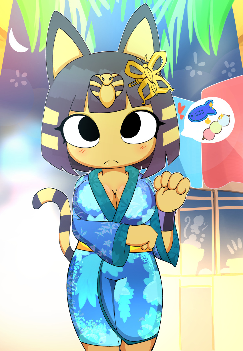 absurdres alternate_costume animal_crossing animal_ears ankha_(animal_crossing) big_eyes black_eyes black_hair blush bob_cut body_fur breasts butterfly_hair_ornament cat_ears cat_girl cat_tail cleavage closed_mouth colored_skin crescent_moon dango egyptian female festival food frown furry furry_female hair_ornament heart highres japanese_clothes kimono looking_at_viewer market_stall moon night onibifazk outdoors palm_tree short_hair snake_hair_ornament solo speech_bubble standing striped_tail summer_festival tail thighs tree wagashi yellow_fur yellow_skin