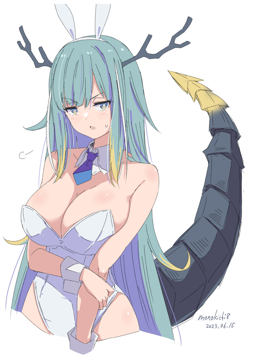 animal_ears aqua_hair artist_name bad_id bad_twitter_id bare_shoulders blonde_hair blue_eyes blue_hair blue_necktie breasts cleavage dared detached_collar dragon_girl dragon_horns dragon_tail fake_animal_ears female highres horns kichihachi la_peche_party leotard looking_at_viewer multicolored_hair necktie playboy_bunny rabbit_ears shioumi_waka simple_background solo tail virtual_youtuber white_background white_leotard