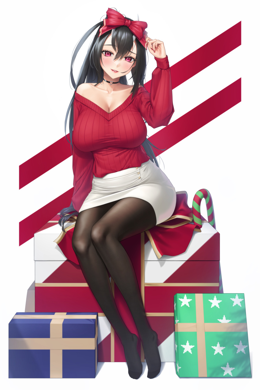 absurdres arm_up bare_shoulders black_choker black_hair black_pantyhose bow breasts candy candy_cane choker christmas christmas_present cleavage collarbone commentary_request female food full_body gift hair_between_eyes hairbow heart heart_choker highres horns large_breasts long_hair long_sleeves looking_at_viewer mole mole_under_eye mole_under_mouth nail_polish no_shoes off_shoulder oni oni_horns original pantyhose parted_lips pencil_skirt purple_eyes red_bow red_nails red_sweater ruka_(silver_tokki) silver_tokki sitting skirt solo sweater sweater_tucked_in taut_sweater very_long_hair white_skirt