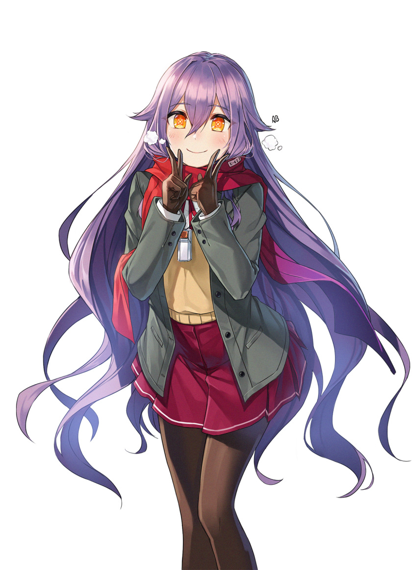 aliceblue blush breasts breath brown_vest closed_mouth double_v female grey_jacket hair_between_eyes hair_flaps hair_ornament highres honkai_(series) honkai_impact_3rd jacket long_hair looking_at_viewer pantyhose purple_hair red_skirt revision shirt sidelocks simple_background sirin skirt small_breasts smile symbol-shaped_pupils uniform v very_long_hair vest white_background white_shirt