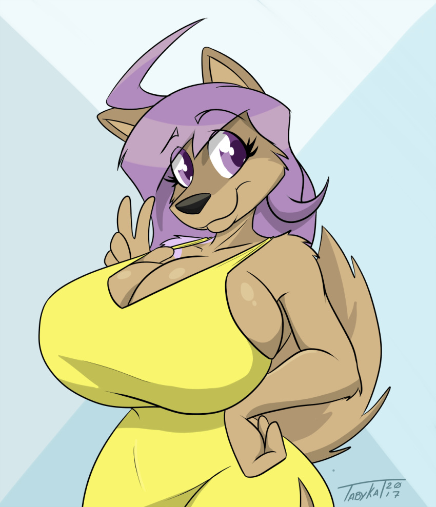 anthro big_breasts breasts canid canine canis cleavage clothed clothing dress female feonna_starglaze hair hi_res huge_breasts mammal smile solo tabykat wolf