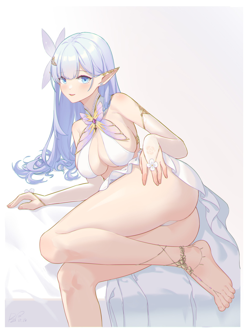 absurdres albion_(azur_lane) ass azur_lane bare_shoulders barefoot blue_eyes blunt_bangs blush breasts bridal_gauntlets cleavage collar feet female fingernails foot_jewelry foot_out_of_frame hair_ornament halterneck highres large_breasts legs light_purple_hair long_hair looking_at_viewer lying on_side open_mouth panties ping_zhong_yu pointy_ears purple_hair revealing_clothes signature simple_background skirt smile solo toenails toes underwear white_background white_panties white_skirt