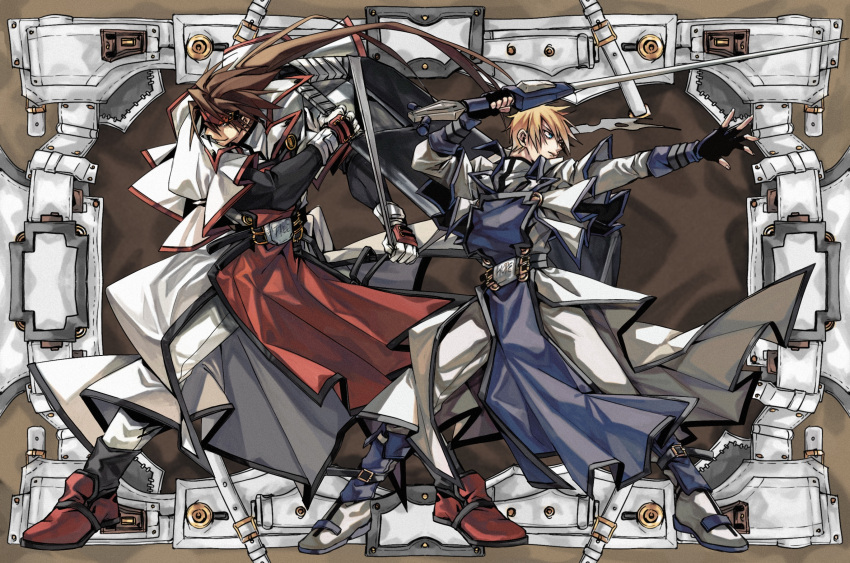 2boys belt blonde_hair blue_eyes brown_eyes brown_hair dong_hole english_text fingerless_gloves gloves guilty_gear guilty_gear_xx headband highres holding holding_weapon huge_weapon ky_kiske male_focus multiple_belts multiple_boys order-sol ponytail short_hair sol_badguy sword thunderseal weapon