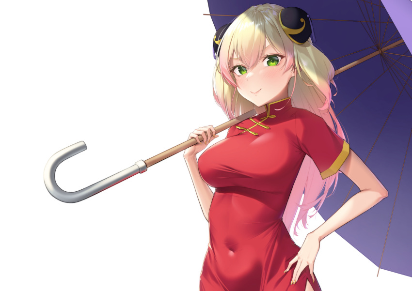 alternate_costume blonde_hair blush breasts bun_cover china_dress chinese_clothes closed_mouth commentary covered_navel double_bun dress english_commentary female flower gradient_hair green_eyes hair_between_eyes hair_bun hair_flower hair_ornament hand_on_own_hip highres holding holding_umbrella hololive impossible_clothes impossible_dress long_hair looking_at_viewer medium_breasts momosuzu_nene multicolored_hair pink_hair red_dress short_sleeves silver_tokki simple_background skin_tight smile solo taut_clothes taut_dress two-tone_hair two_side_up umbrella virtual_youtuber white_background