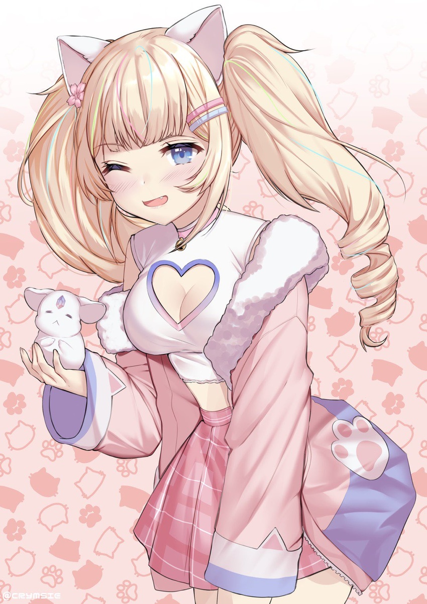 animal animal_ears blonde_hair blue_eyes blush breasts cat_ears cleavage cleavage_cutout clothing_cutout commission crymsie female fur_trim heart_cutout highres holding holding_animal indie_virtual_youtuber leaning_forward oerba_yun_fang one_eye_closed open_mouth peach2d pink_skirt pink_sweater plaid plaid_skirt second-party_source skirt smile solo sweater twintails virtual_youtuber