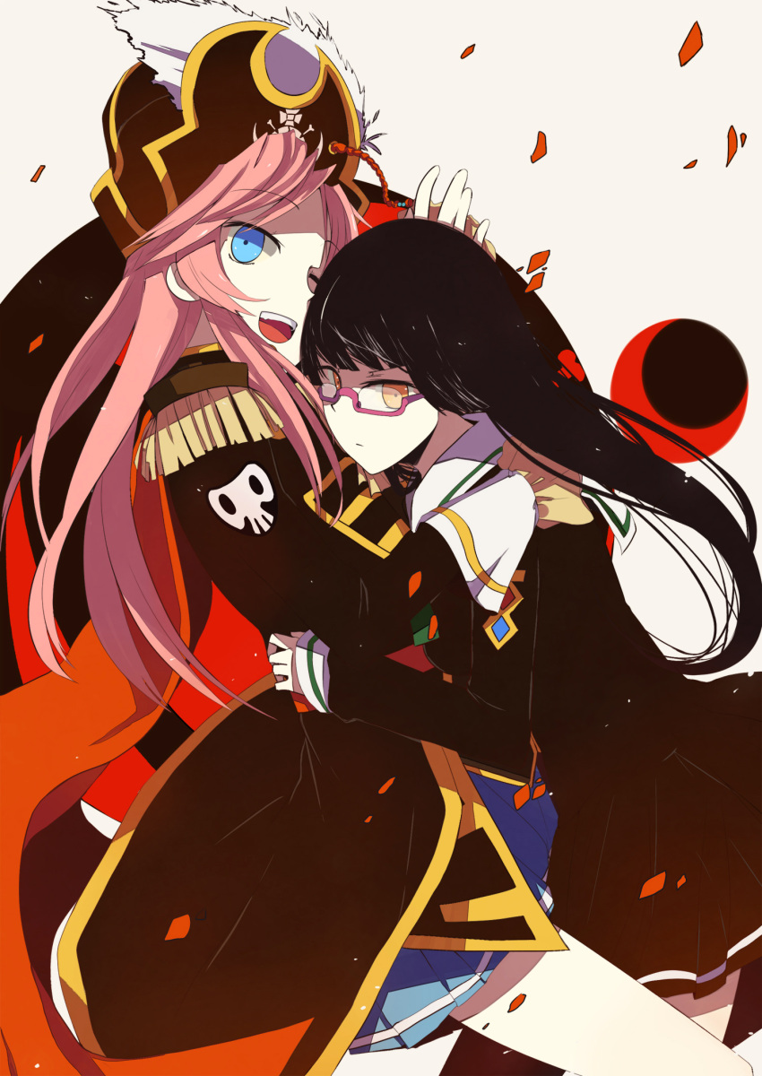 2girls black_hair blue_eyes brown_eyes chiaki_kurihara commentary_request epaulettes glasses hat highres hinagi_(fox_priest) hug katou_marika long_hair miniskirt_pirates multiple_girls open_mouth photoshop_(medium) pink_hair pirate pirate_hat school_uniform skirt skull_and_crossbones smile yuri