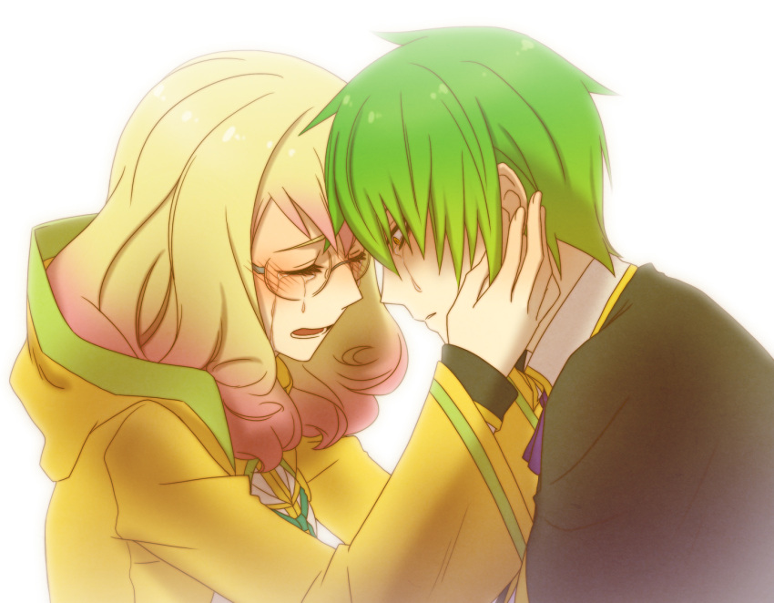 1boy arin66 bad_id bad_pixiv_id blazblue blonde_hair closed_eyes commentary_request face-to-face female forehead-to-forehead glasses green_hair heads_together hood kazuma_kuvaru multicolored_hair photoshop_(medium) round_eyewear tears trinity_glassfield yellow_eyes