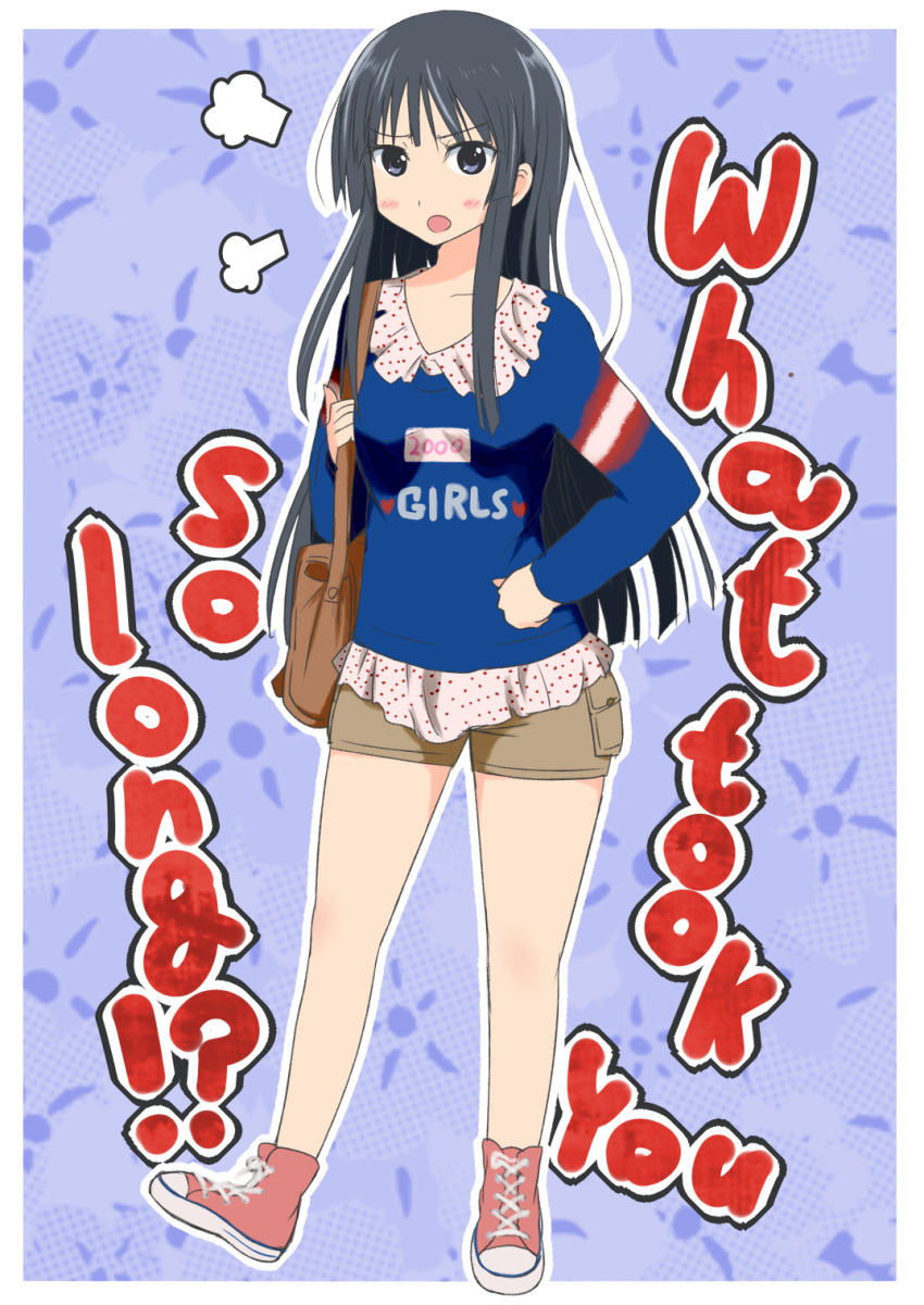 :o akiyama_mio angry black_eyes black_hair blush breath commentary_request english_text female hand_on_own_hip highres hime_cut k-on! long_hair open_mouth shoes sneakers tyranu