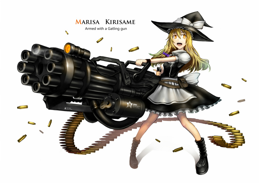 ammunition_belt blonde_hair boots bow braid commentary_request english_text female full_body gatling_gun gia gun hat hat_bow highres huge_weapon kirisame_marisa long_hair obvious_statement open_mouth orange_eyes pouch ribbon shell_casing simple_background single_braid solo touhou weapon white_background white_bow witch_hat