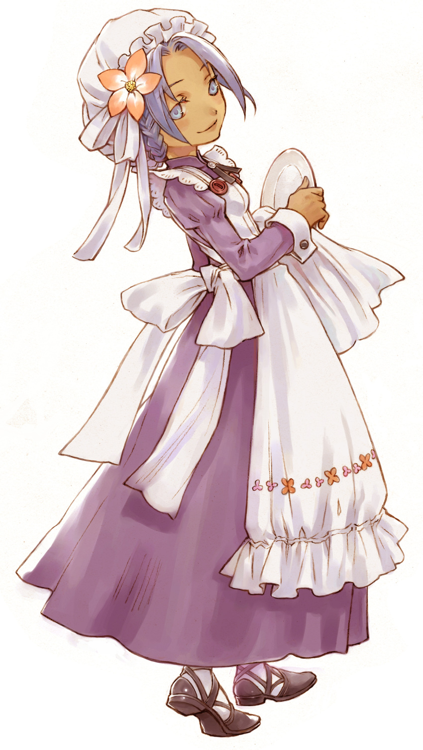 absurdres blue_eyes blue_hair dark-skinned_female dark_skin female hat highres holding iwasaki_minako maid plate rune_factory rune_factory_1 simple_background smile solo tabatha white_background