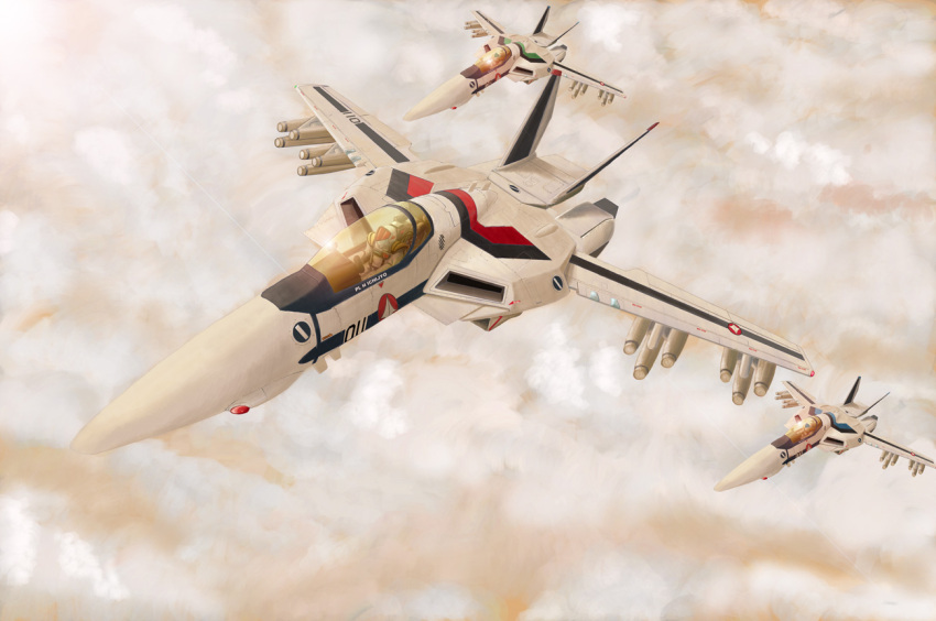 1980s_(style) 2boys aircraft airplane armor bad_id bad_pixiv_id cloud fighter_jet flying helmet i.t.o_daynamics ichijou_hikaru jet kakizaki_hayao macross macross:_do_you_remember_love? maximilian_jenius military military_vehicle missile multiple_boys pilot_suit realistic retro_artstyle science_fiction spacecraft spacesuit u.n._spacy variable_fighter vehicle_focus vf-1 vf-1a vf-1s