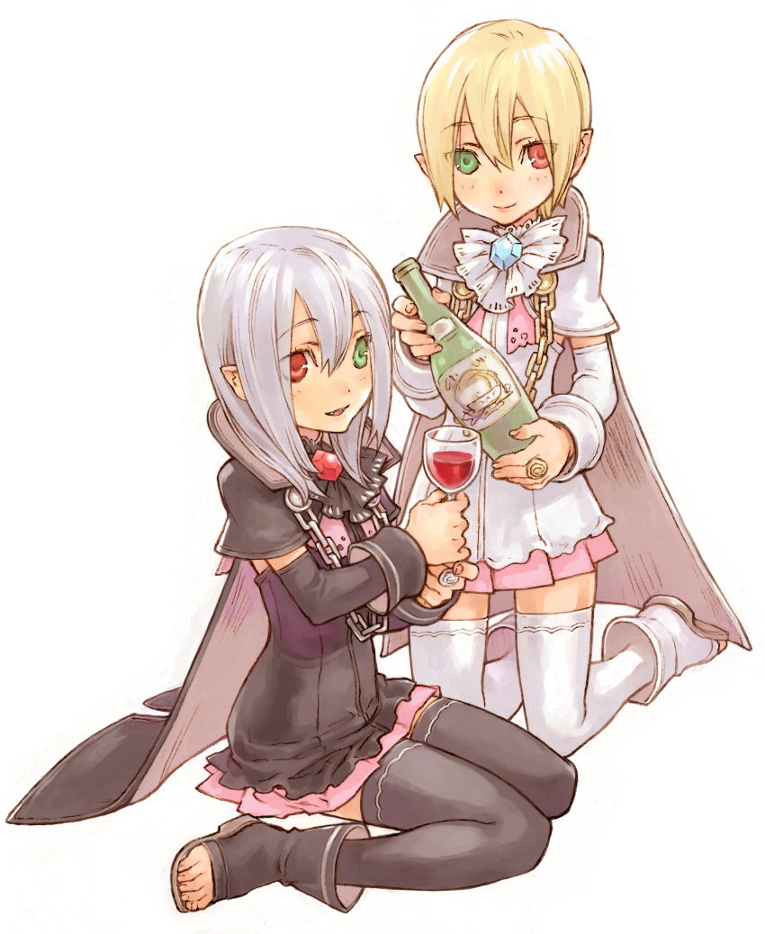 2girls absurdres alcohol black_legwear blonde_hair bottle cape chains cup drinking_glass green_eyes grey_hair heterochromia highres holding iris_blanche iris_noire iwasaki_minako jewelry kneeling multiple_girls pointy_ears red_eyes red_wine ring rune_factory rune_factory_frontier siblings sisters smile thighhighs white_legwear wine wine_glass