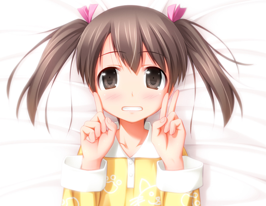 blush brown_eyes brown_hair commentary_request female ogata original pajamas smile solo twintails v