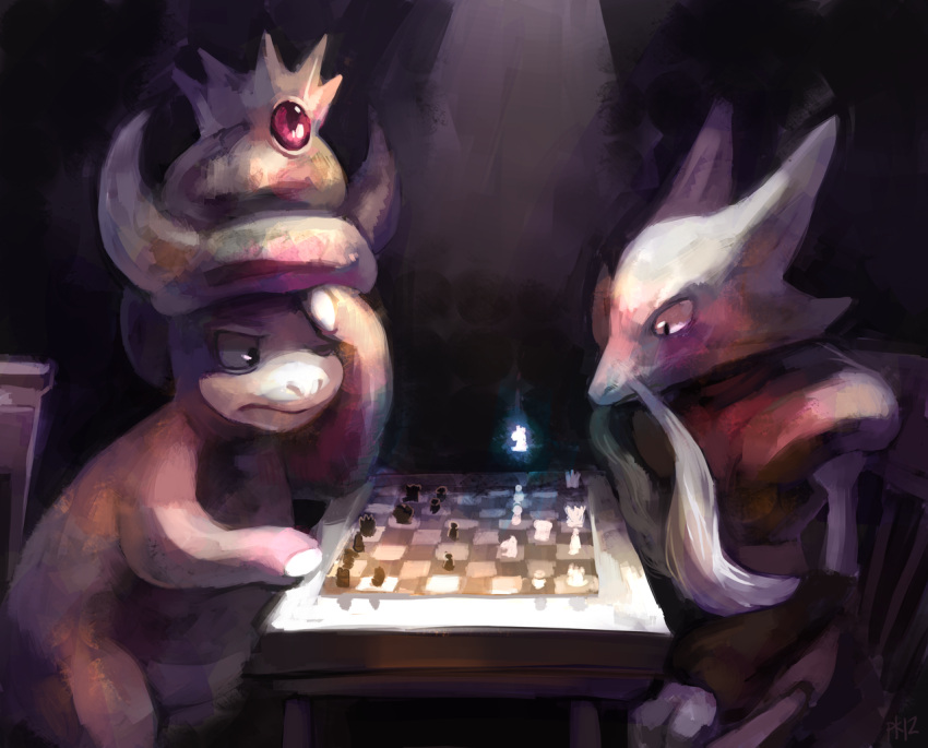 alakazam board_game chair chess chess_piece chessboard colored_skin commentary crown dark english_commentary facial_hair floating gem glitchedpuppet glowing hand_on_head hand_on_table horns indoors light moustache no_humans nostrils pink_skin playing_games pokemon pokemon_(creature) serious signature sitting slowking table telekinesis