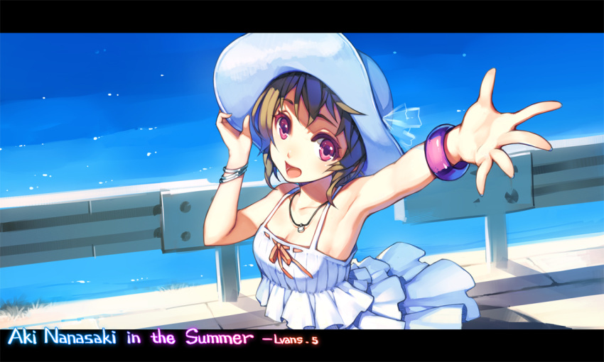 :d armpits artist_name bare_shoulders bracelet breasts brown_hair character_name cleavage collarbone commentary_request dress female hat jewelry letterboxed lvans nanasaki_aki necklace open_mouth original outstretched_arm outstretched_hand photoshop_(medium) pink_eyes purple_eyes railing short_hair small_breasts smile solo sun_hat sundress water