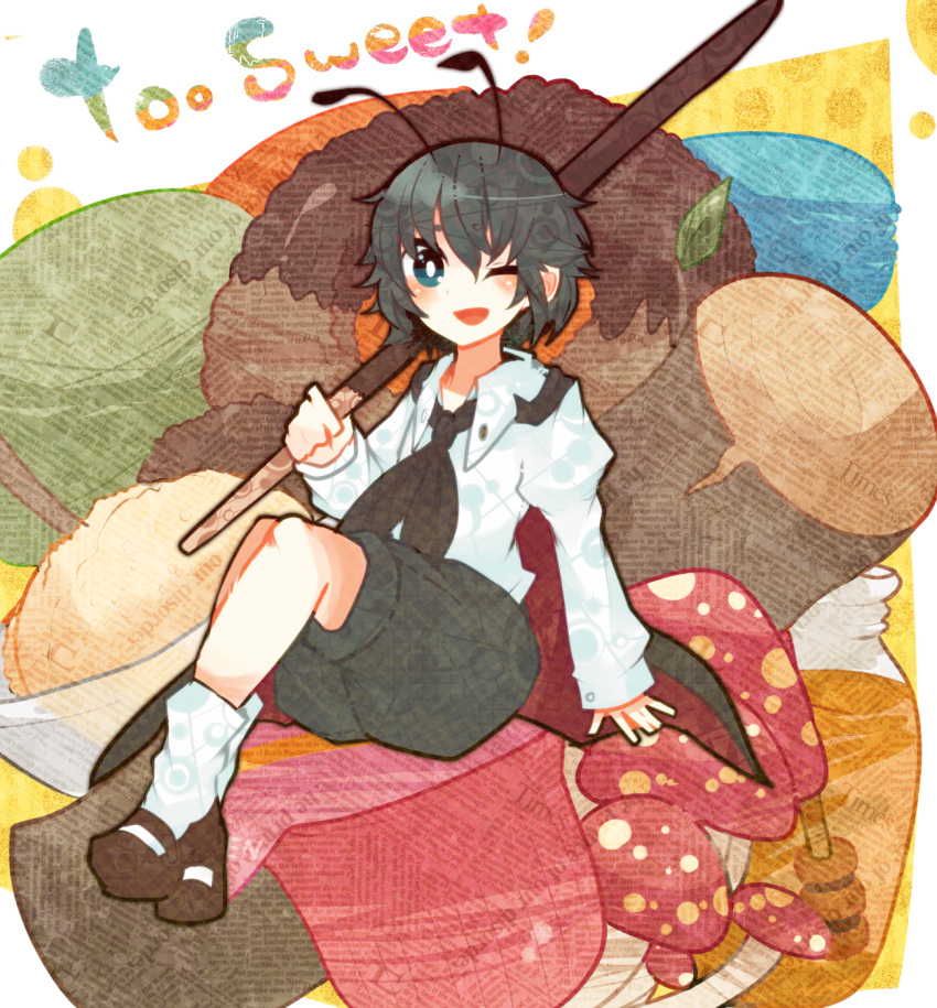 antennae bad_id bad_pixiv_id cape chocolate doughnut female food green_eyes green_hair highres honey honey_dipper ice_cream itomugi-kun macaron mushroom nut_(food) one_eye_closed open_mouth pocky shirt short_hair shorts sitting smile solo touhou wood wriggle_nightbug