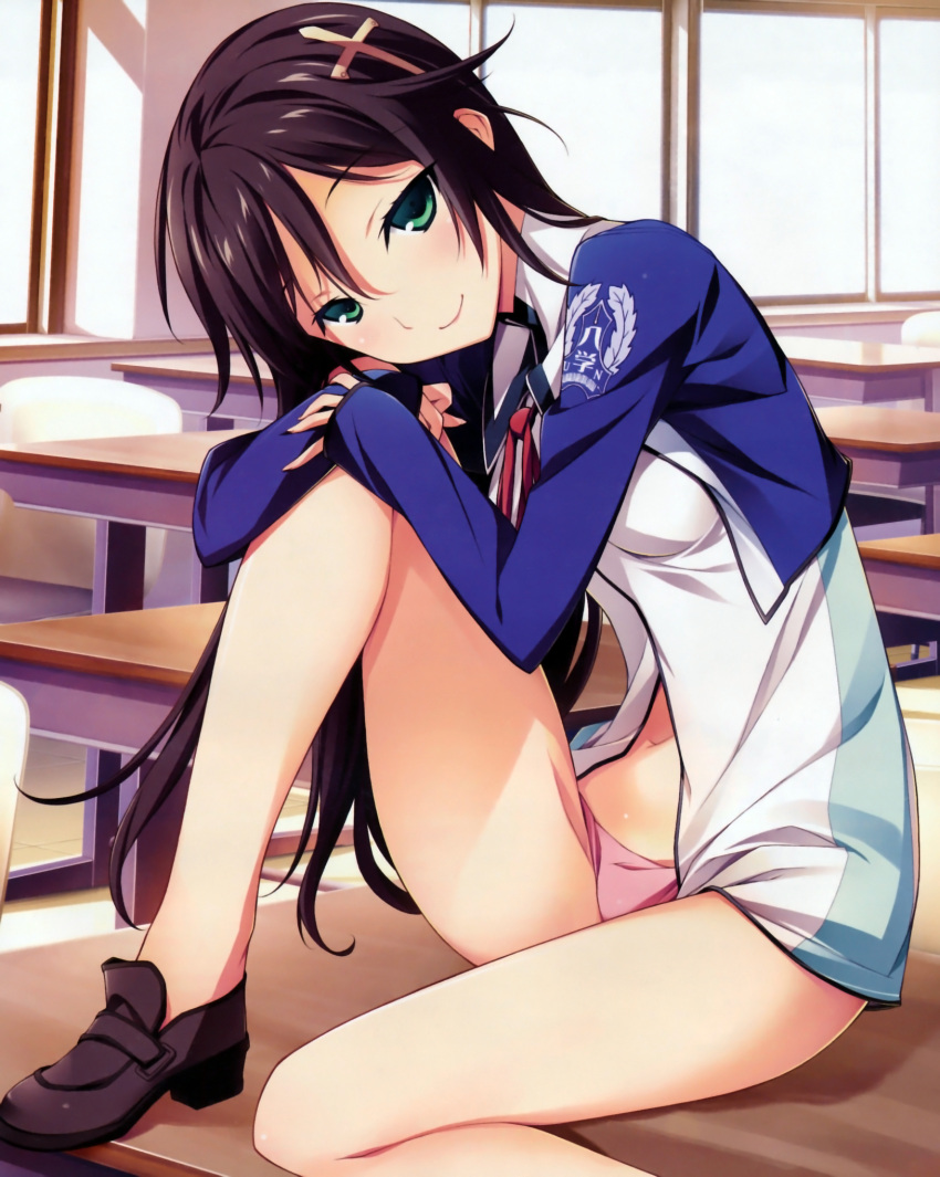 bare_legs classroom desk female green_eyes hair_ornament highres kikuchi_seiji kuraki_ena long_hair looking_at_viewer material_brave navel no_pants no_socks panties photoshop_(medium) pink_panties purple_hair scan school_desk seductive_smile sitting sleeves_past_wrists smile solo underwear uniform