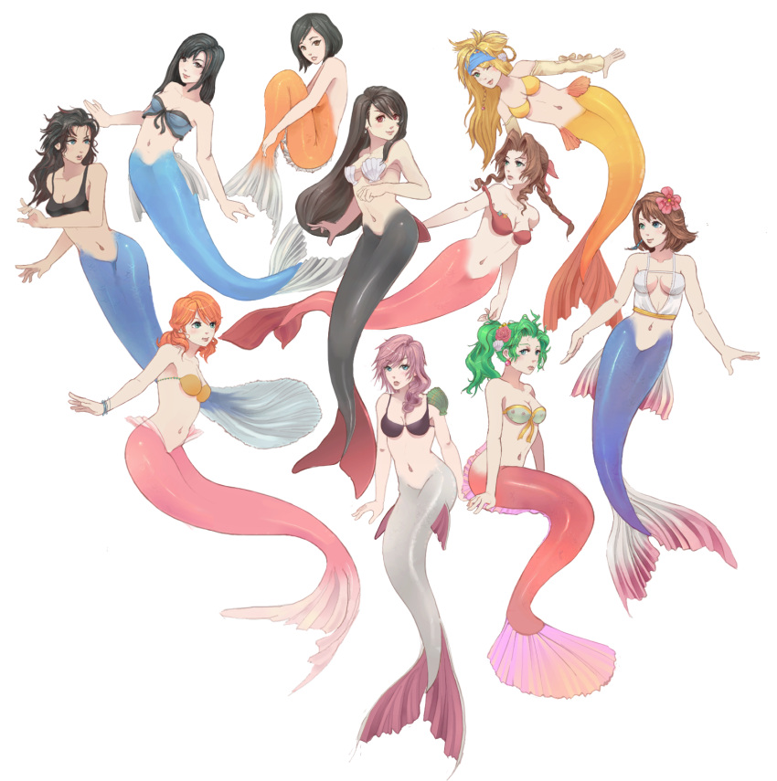 éclair_farron 6+girls aerith_gainsborough alternate_costume bare_shoulders bikini_top black_hair blonde_hair blue_eyes bra braid brown_eyes brown_hair female final_fantasy final_fantasy_ix final_fantasy_vi final_fantasy_vii final_fantasy_viii final_fantasy_x final_fantasy_x-2 final_fantasy_xiii garnet_til_alexandros_xvii green_eyes green_hair headband highres lingerie long_hair mermaid midriff monster_girl multiple_girls oerba_dia_vanille oerba_yun_fang pink_hair pink_ribbon red_eyes ribbon rikku rinoa_heartilly seashell_bra square_enix tifa_lockhart tina_branford twintails underwear wink yuna