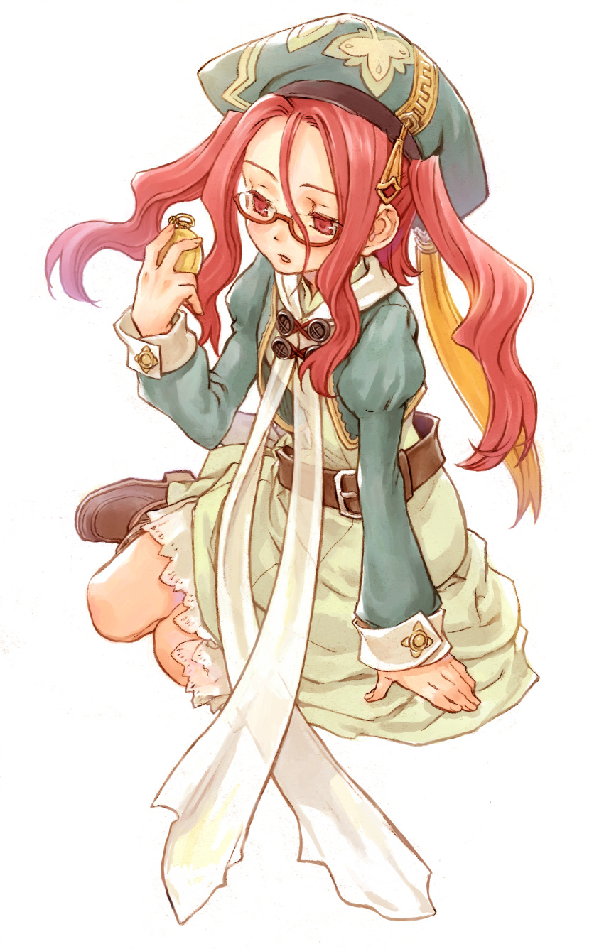 absurdres belt drop_(rune_factory) female glasses hat highres holding iwasaki_minako long_hair pocket_watch red_eyes red_hair rune_factory rune_factory_frontier simple_background solo twintails watch white_background