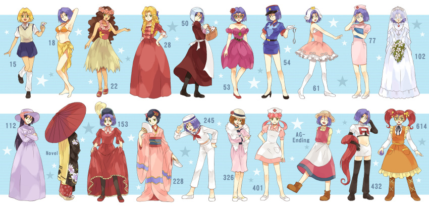 1boy anklet annotated apron bad_id bad_pixiv_id barefoot basket bikini blonde_hair blue_hair boots bouquet bow brown_hair check_commentary commentary commentary_request cosplay costume_chart crop_top crossdressing crossed_arms curly_hair dress egg episode_number feather_boa flower flower_necklace folding_fan glasses gloves grass_skirt green_eyes hairbow hand_fan hat high_heels highres holding holding_poke_ball james_(pokemon) japanese_clothes jenny_(pokemon) jenny_(pokemon)_(cosplay) jessie_(pokemon) jessie_(pokemon)_(cosplay) jewelry joy_(pokemon) joy_(pokemon)_(cosplay) kimono kneehighs lei lineup lipstick long_hair makeup male_focus midriff necklace nurse_cap one_eye_closed open_mouth otoko_no_ko pantyhose paper_fan parasol pink_hair poke_ball pokemon pokemon_(anime) pokemon_(classic_anime) pokemon_dppt_(anime) pokemon_rse_(anime) purple_hair red_hair ribbon ring rose salute sandals school_uniform shoes short_hair skirt smile socks star_(symbol) sun_hat swimsuit team_rocket team_rocket_uniform thighhighs ticket twintails umbrella usao_(313131) veil wedding_dress wig