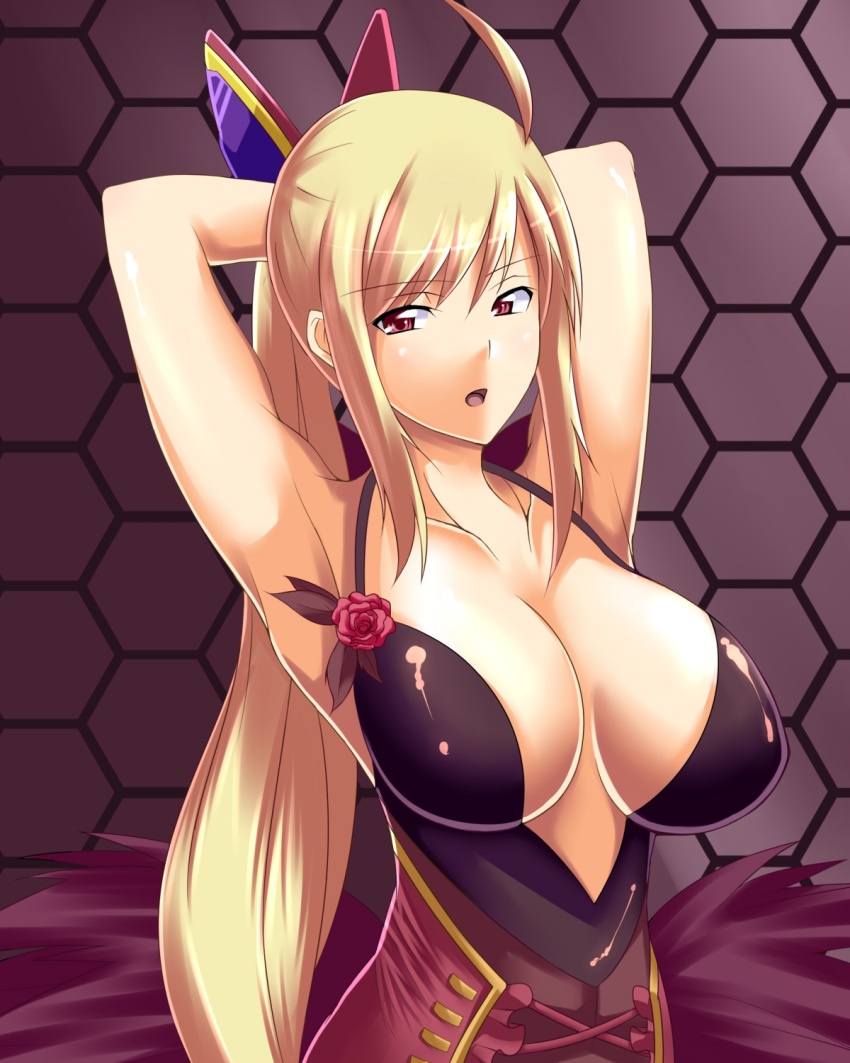 ahoge armpits arms_up blonde_hair breasts commentary_request dodonpachi dodonpachi_saidaioujou female flower high_ponytail highres honeycomb_(pattern) honeycomb_background large_breasts long_hair ponytail purple_background red_eyes red_flower red_rose rose shuri_(saidaioujou) solo sugari