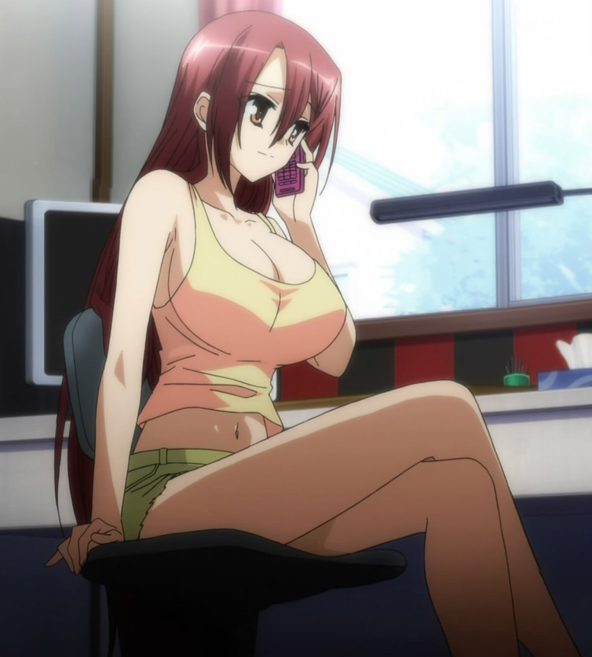 bare_shoulders breasts brown_eyes cellphone cleavage desk female highres huge_breasts kore_wa_zombie_desu_ka? legs legs_crossed long_hair long_legs naegleria_nebiros navel no_bra phone red_hair screencap short_shorts shorts sideboob solo stitched thighs