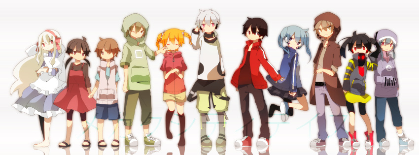 5boys 6+girls absurdres alternate_costume alternate_hairstyle amamiya_hibiya apron arm_up asahina_hiyori barefoot belt bike_shorts bike_shorts_under_skirt black_belt black_eyes black_footwear black_hair black_hoodie black_pants black_shirt black_shorts black_skirt black_socks blonde_hair blue_dress blue_hair blue_jacket blue_pants blue_shirt blue_shorts boots bow bow_hairband brown_eyes brown_hair brown_pants brown_shorts casual closed_eyes commentary_request creator_connection double-parted_bangs dress ene_(kagerou_project) enomoto_takane facial_mark facing_viewer frilled_apron frilled_skirt frills full_body gas_mask green_footwear green_hair green_hoodie grey_footwear grey_hair grey_hoodie grey_jacket hair_over_one_eye hairband hand_on_another's_cheek hand_on_another's_face hand_on_own_head headphone_actor_(vocaloid) high_collar high_tops highres hood hood_down hood_up hoodie jacket jinzou_enemy_(vocaloid) kagerou_days_(vocaloid) kagerou_project kano_shuuya kido_tsubomi kisaragi_attention_(vocaloid) kisaragi_momo kisaragi_shintarou kneehighs konoha_(kagerou_project) konoha_no_sekai_jijou_(vocaloid) kozakura_marry lineup long_bangs long_hair long_sleeves looking_at_viewer low_twintails mask mask_around_neck md5_mismatch meega mekakushi_code_(vocaloid) midair miniskirt multicolored_clothes multicolored_jacket multiple_boys multiple_girls neck_warmer one_eye_covered open_clothes open_jacket orange_hair pants pants_rolled_up pants_tucked_in partially_unzipped pinafore_dress pink_bow pink_dress pink_hairband pink_hoodie pleated_skirt pocket popped_collar print_hoodie red_eyes red_footwear red_jacket red_shirt reflective_floor sandals seto_kousuke shirt shirt_tucked_in shoelaces shoes short_hair short_sleeves shorts simple_background single_vertical_stripe skirt sleeveless sleeveless_dress sleeveless_hoodie sleeves_past_wrists smile sneakers socks souzou_forest_(vocaloid) standing striped t-shirt track_jacket twintails two-tone_footwear two-tone_jacket two_side_up wavy_hair white_apron white_background white_footwear white_hair white_jacket white_stripes yellow_jacket yellow_pants yellow_skirt