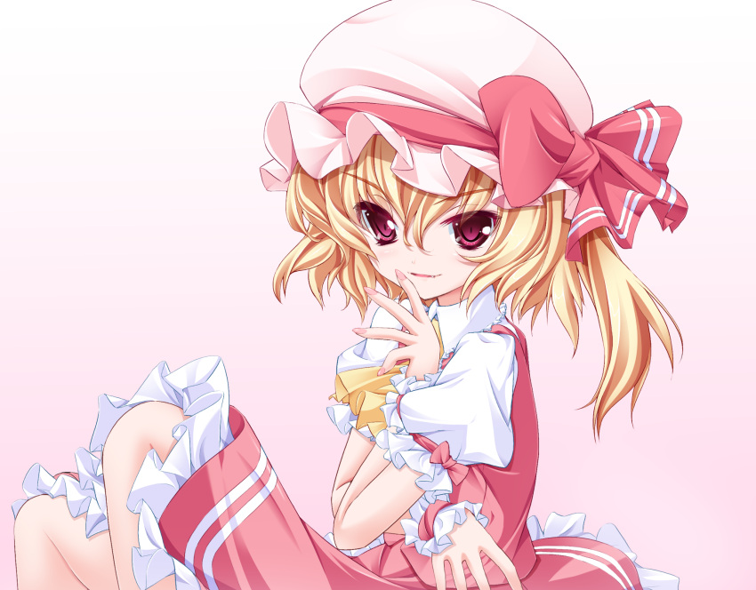 ascot blonde_hair blush colorized commentary_request female flandre_scarlet frilled_skirt frills from_side hair_between_eyes hat hat_ribbon highres long_hair looking_at_viewer looking_to_the_side lucie medium_hair mob_cap oerba_yun_fang one_side_up puffy_short_sleeves puffy_sleeves red_eyes ribbon short_sleeves side_ponytail skirt skirt_set smile solo touhou vest wata_(akawata) wrist_cuffs