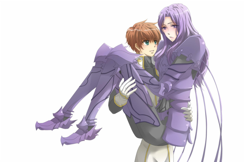 2boys armor berserker_(fate/zero) blush brown_hair carrying code_geass commentary_request crossover fate/zero fate_(series) green_eyes grenat kururugi_suzaku lancelot_(fate/zero) long_hair male_focus multiple_boys name_connection princess_carry purple_eyes purple_hair spoilers