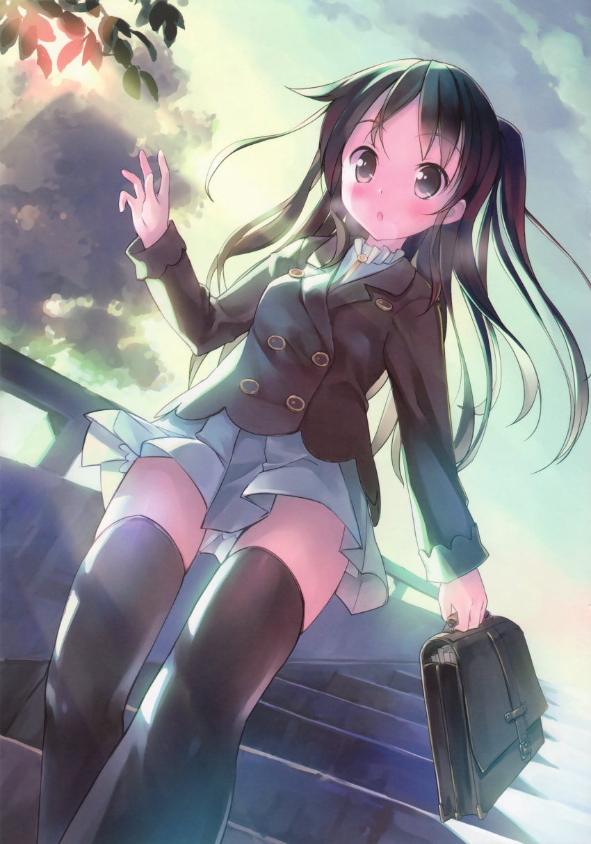 :o absurdres bag black_hair black_thighhighs briefcase brown_eyes female highres holding original school_bag school_briefcase school_uniform skirt solo stairs takoyaki_(roast) thighhighs two_side_up zettai_ryouiki