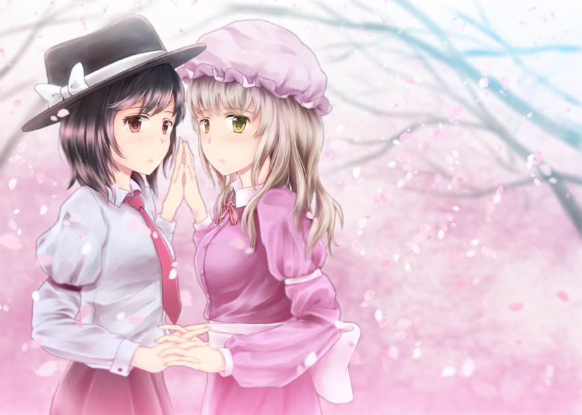 2girls bad_id bad_pixiv_id black_hair bow brown_eyes green_eyes grey_hair hat hat_bow hat_ribbon holding_hands interlocked_fingers maribel_hearn multiple_girls necktie oumi_(rsag) petals ribbon shirt touhou usami_renko white_bow white_shirt