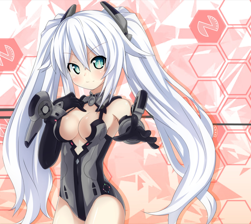 >:) aqua_eyes armpits bare_shoulders black_gloves black_heart_(neptunia) blue_eyes blush breasts cleavage cleavage_cutout clothing_cutout commentary_request cowboy_shot elbow_gloves female foreshortening gloves gradient_background hair_between_eyes hair_ornament hand_on_own_chest highres honeycomb_(pattern) honeycomb_background kami_jigen_game_neptune_v leotard light_smile logo long_hair looking_at_viewer magical_girl medium_breasts neptune_(series) outstretched_arm shadow sidelocks sigemi smile solo symbol-shaped_pupils twintails v-shaped_eyebrows vambraces very_long_hair white_hair