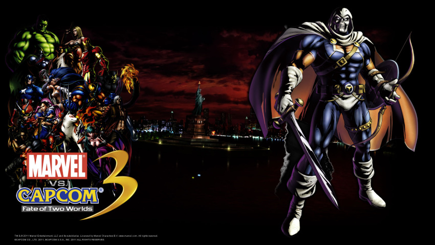 amaterasu boots bow capcom cape captain_america chris_redfield chun-li crossover dante dante_(devil_may_cry) deadpool demon_girl devil_may_cry doctor_doom dr_doom evil_may_cry felicia headband highres hulk iron_man marvel marvel_vs._capcom marvel_vs._capcom_3 marvel_vs_capcom marvel_vs_capcom_3 morrigan_aensland pose ryuu_(street_fighter) shield succubus sunglasses super-skrull sword taskmaster trish trish_(devil_may_cry) vampire_(game) viewtiful_joe wallpaper weapon wolverine