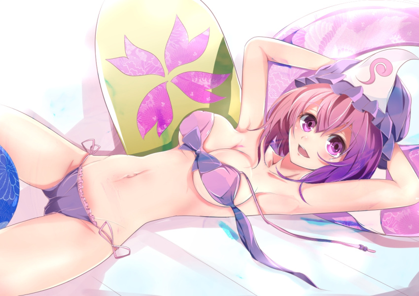 armpits arms_behind_head bad_id bad_pixiv_id bikini breasts cleavage female gradient_hair hat large_breasts lying multicolored_hair navel parted_lips pink_eyes pink_hair purple_bikini purple_hair saigyouji_yuyuko short_hair side-tie_bikini_bottom smile solo swimsuit touhou triangular_headpiece untied velia