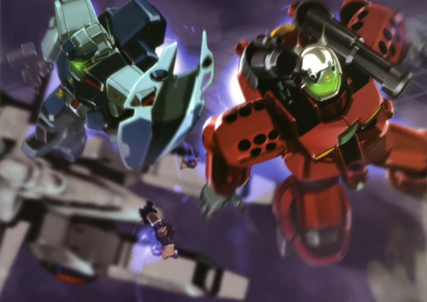 1980s_(style) assault_visor buchi_holes gm_(mobile_suit) gm_sniper_ii green_visor gun guncannon_mp_type gundam gundam_0080 highres kenki_fujioka mecha military military_vehicle motion_blur no_humans official_art realistic retro_artstyle rifle robot science_fiction spacecraft weapon