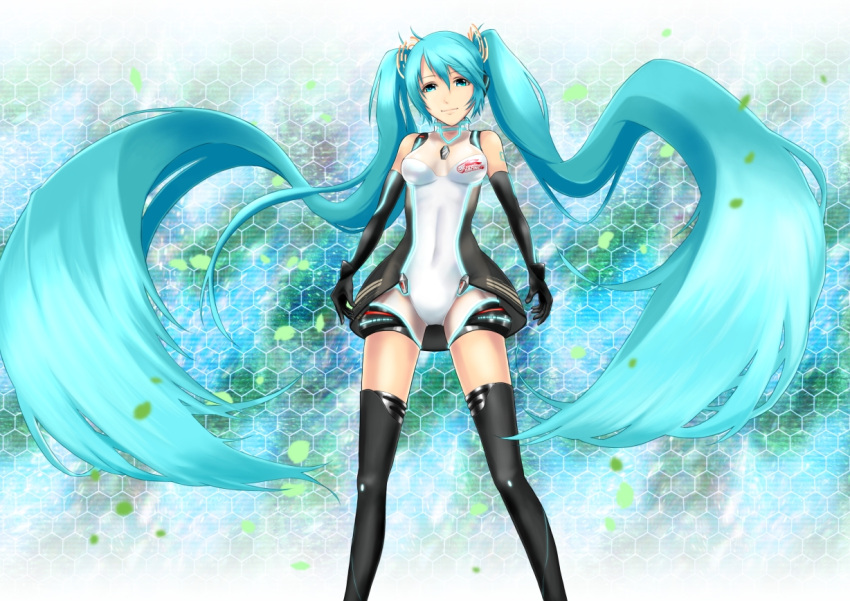 aqua_eyes aqua_hair commentary din_(raiden) elbow_gloves female gloves goodsmile_company goodsmile_racing hatsune_miku leotard long_hair race_queen racing_miku racing_miku_(2011) solo thighhighs twintails very_long_hair vocaloid