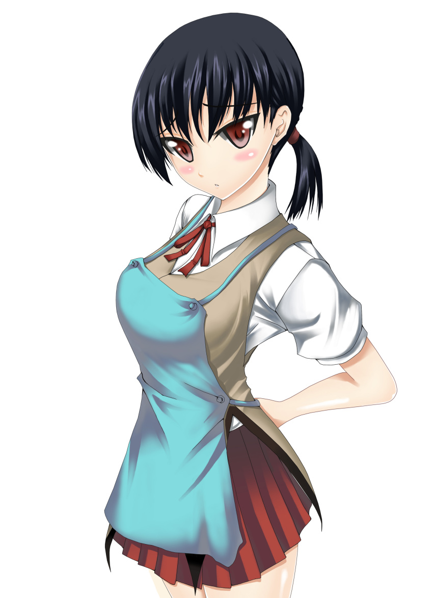 absurdres alternate_hairstyle apron black_hair blush blush_stickers commentary_request female highres looking_at_viewer photoshop_(medium) ponytail red_eyes school_rumble school_uniform short_ponytail simadu-kazuhisa skirt solo tsukamoto_yakumo